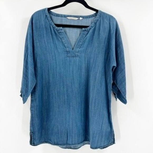 Soft Surroundings Womens XS Tencel Lyocell Denim Blue Tunic Top Tie Sleeve 2AG94 - Picture 2 of 6